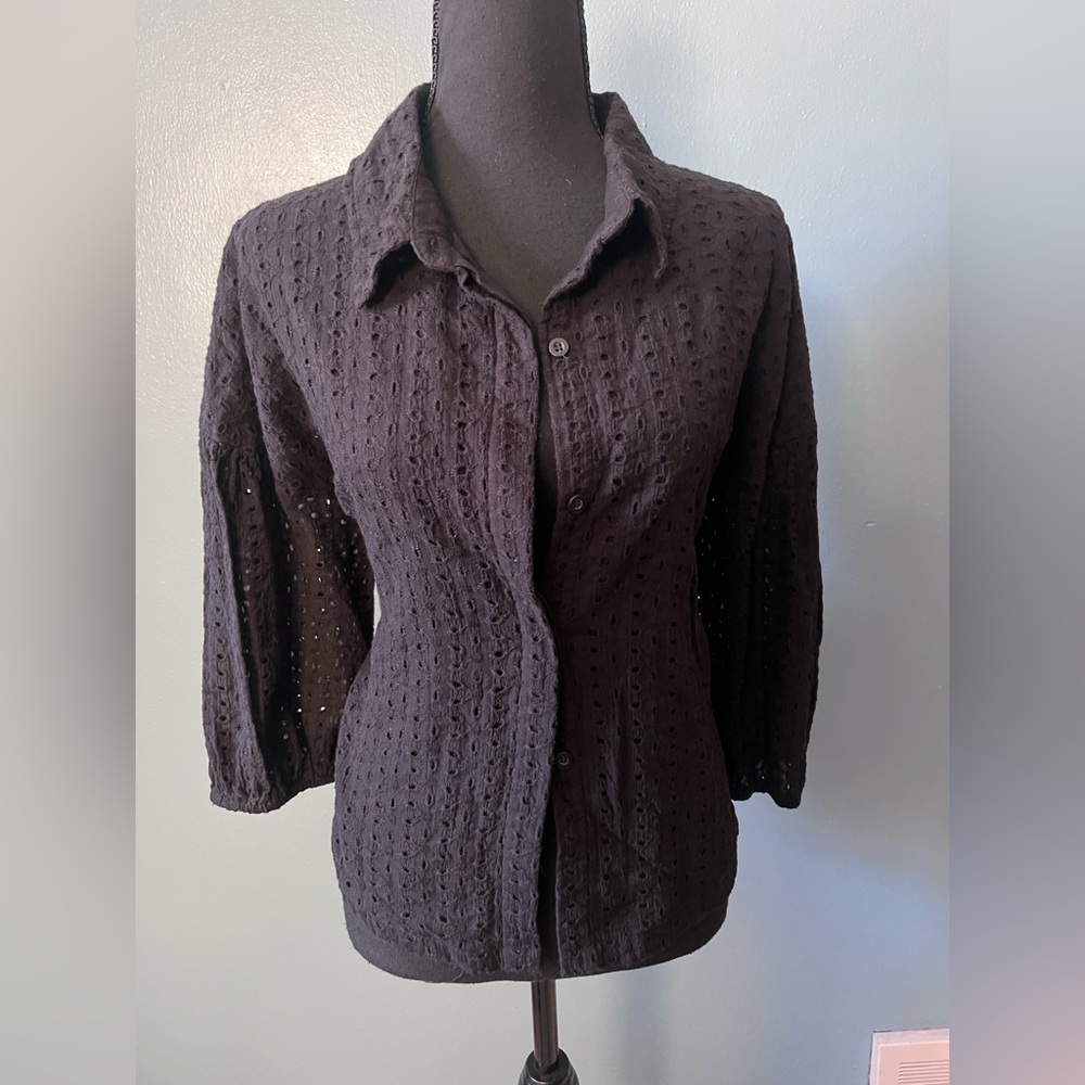 Women's Black Textured eyelet button down